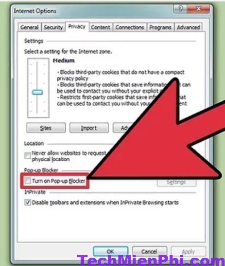 Bỏ tích Turn on Pop-up Blocker