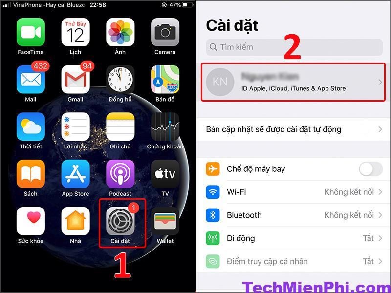 Truy cập vào mục iCloud 